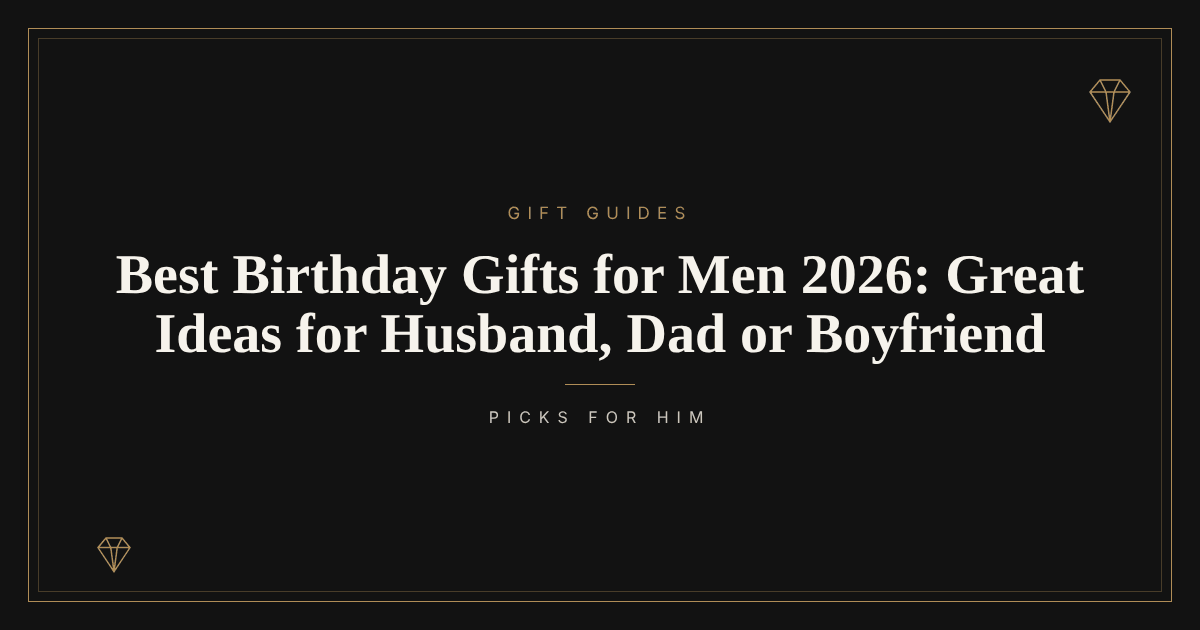 A birthday gift box with a navy ribbon on a wooden table next to a golf ball and a watch