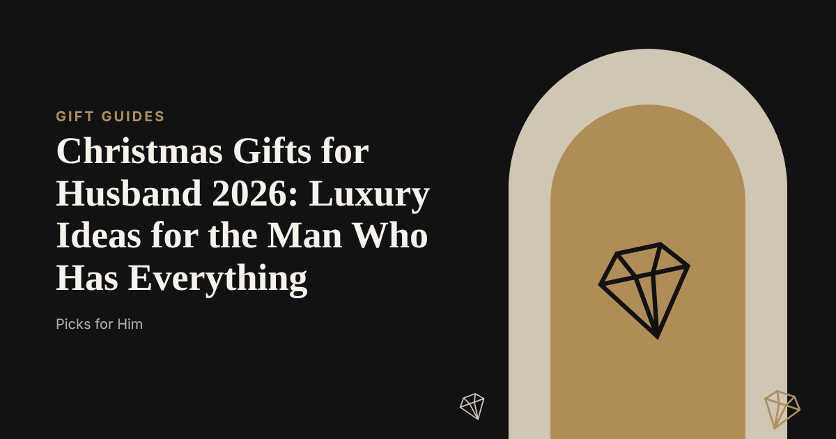 A dark wrapped Christmas gift with a gold ribbon beside a watch and cologne under tree lights